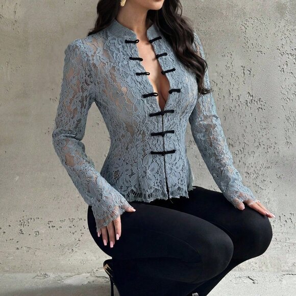 MODA ME COUTURE Tops - Dusty Blue Casual Women's Button Waist Lace Blouse